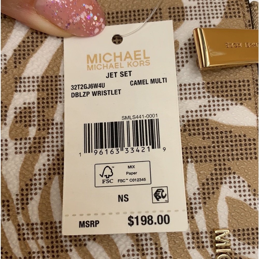 MICHAEL KORS LARGE DOUBLE ZIP WRISTLET WALLET CAMEL MULTI COLOR - Picture 13 of 13